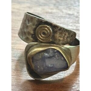Hammered Sterling & Brass Raw Apatite Wrap Ring Signed YS Sz: 9.5